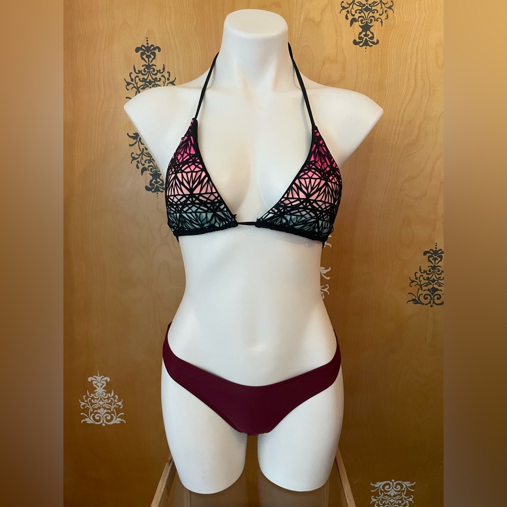 Vintage 2000s Y2K Colorful Bikini Triangle Top Purple Cheeky Bottoms XS/S